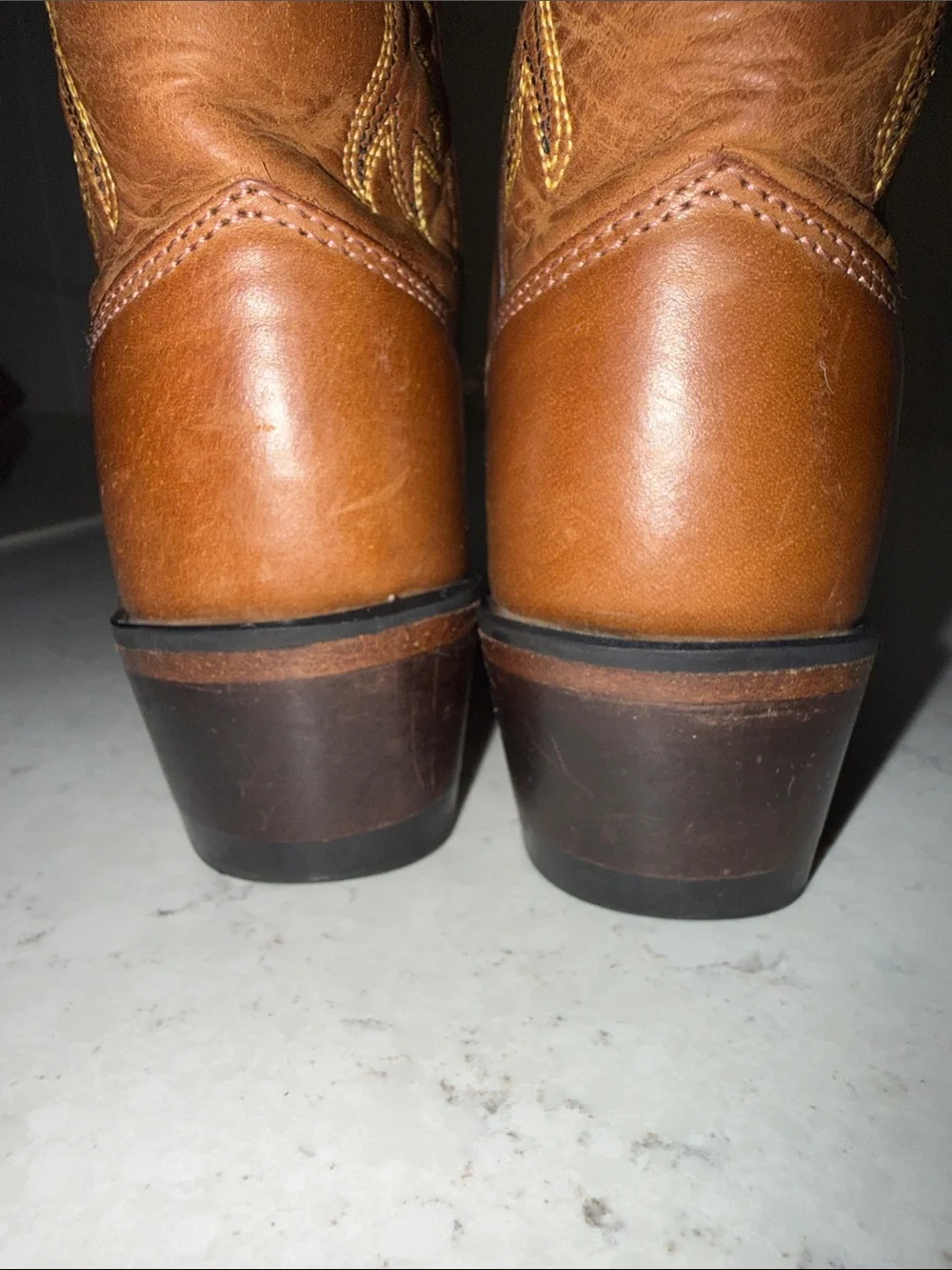 Old West Brown Leather Kids Western Boots with Yellow Stitching